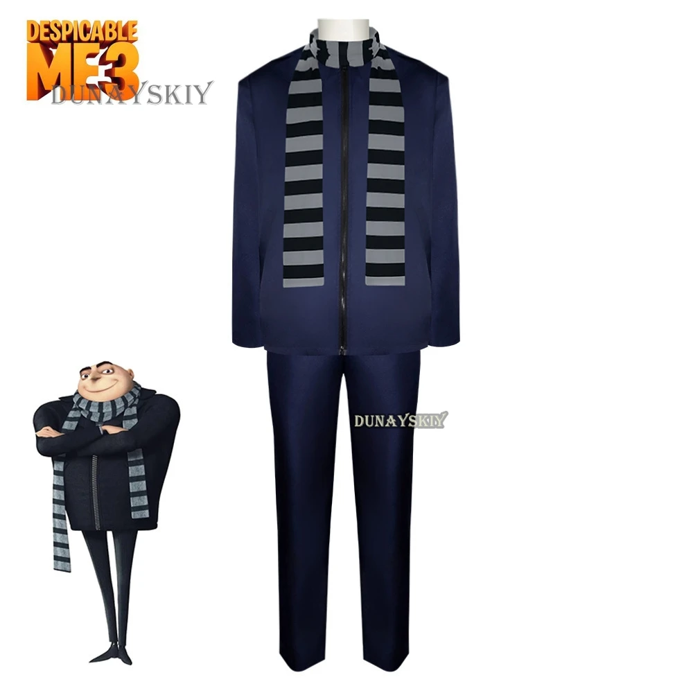 Movie Gru Cosplay Costume Coat Pants Scarf for Men Male Disguise Dress-Up Party Fantasy Outfits Halloween Carnival Roleplay Suit