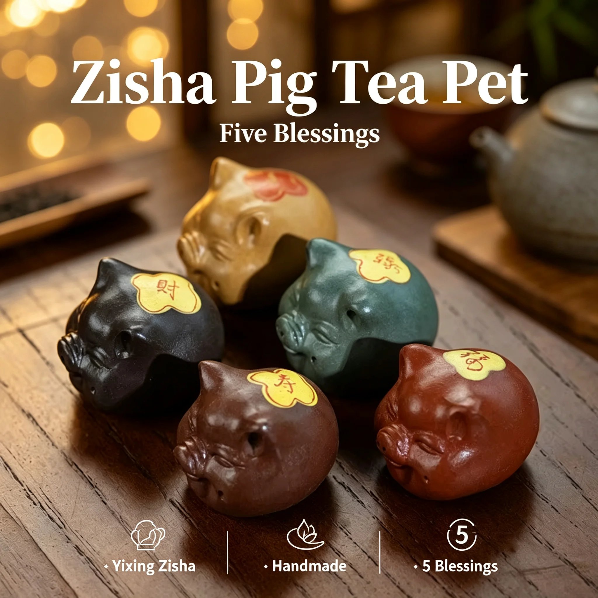 Handmade Yixing Zisha Pig Tea Pet Clay Painting Fortune Blessing Cute Figurine Home Tea Set Decor Gift Box