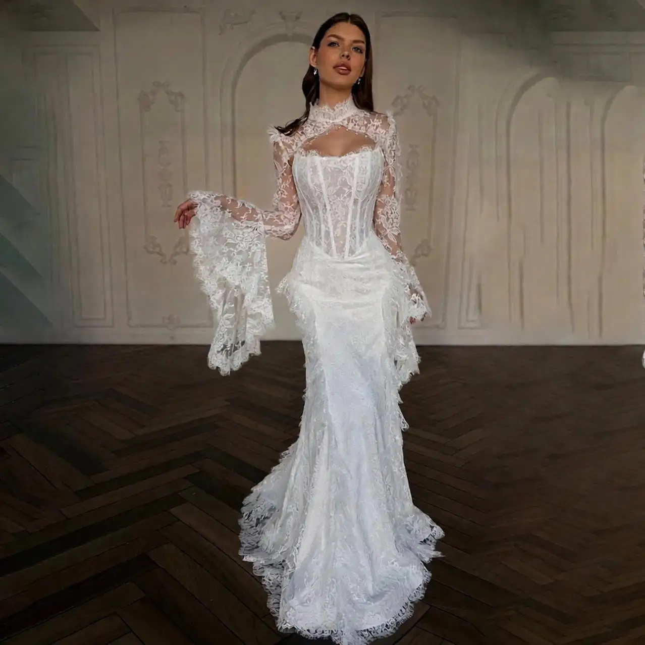Custom Elegant White Lace Mermaid Wedding Dress High Neck Ruched Long Bell Sleeve Corset Backless Bridal Gown with Train