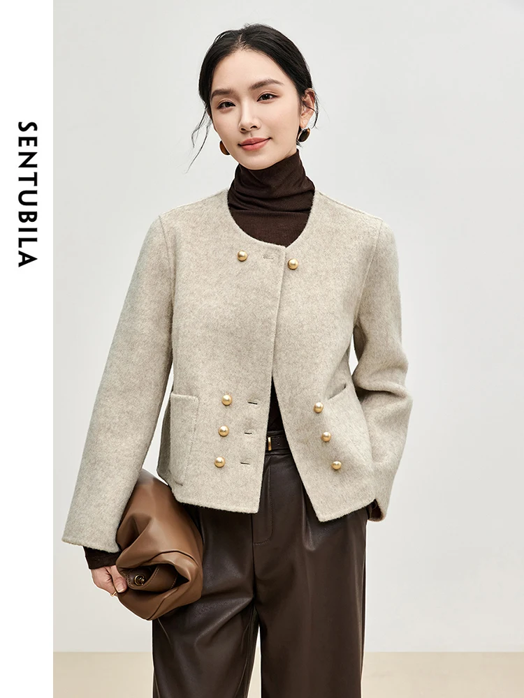 SENTUBILA Solid Casual Wool Coat for Women 2025 Winter Straight Double Sided Warm Female Short Elegant Outerwear W44O56625