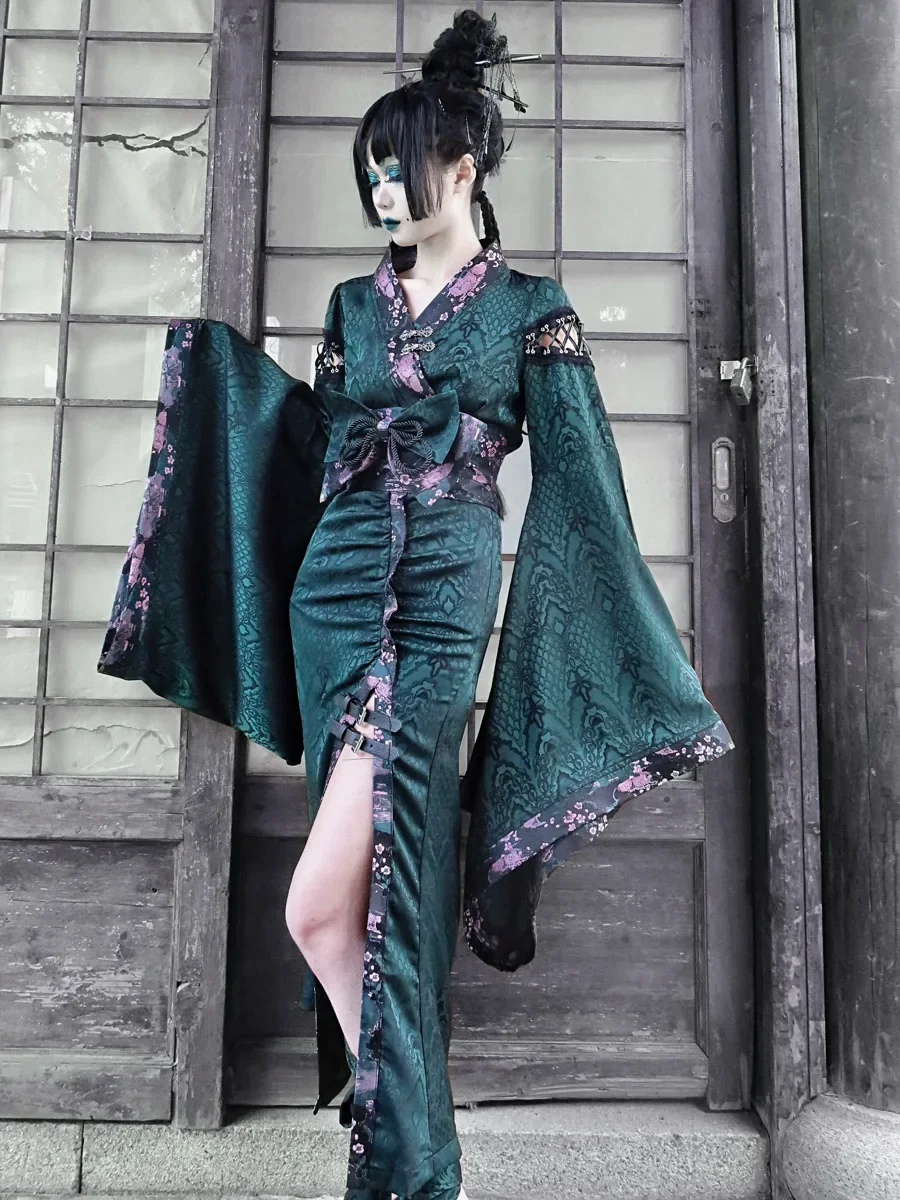 Blood Supply Original Design Sexy Snake Pattern Dark Green Skirt Sheath Straight Long High Slit Bow Tie Skirts Gothic Punk Skirt