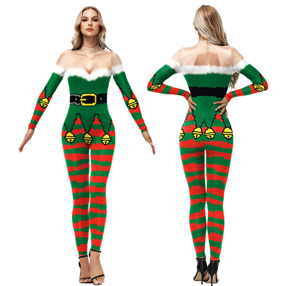 Christmas Women Jumpsuit Elf Stripe Digital Print Cosplay Costume Outfit Festival Bodysuit Stage Tights Performance Clothing