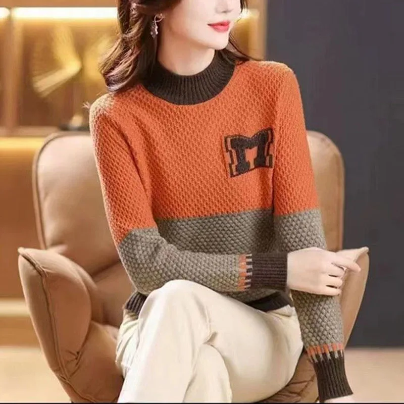 2023 New Autumn and Winter Fashion Half High Collar Spliced Knitted Long Sleeve Stylish and Thickened Women's Casual Sweater