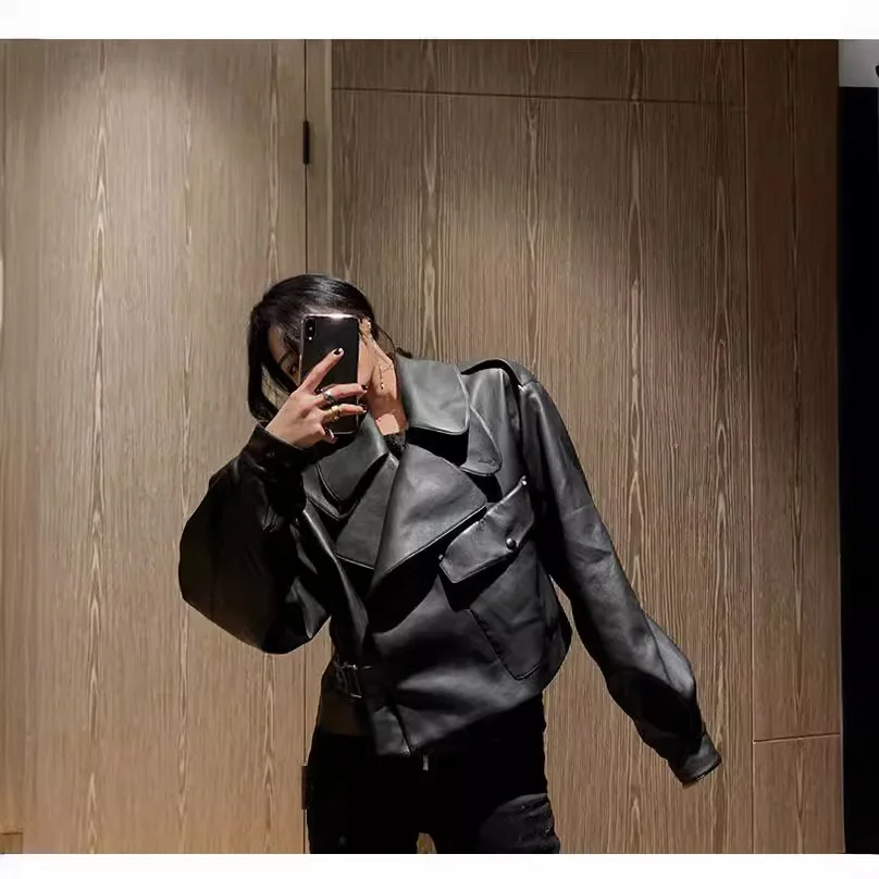 Giacche in ecopelle Donna Cappotti corti in PU Cappotto con colletto rovesciato Manica intera Y2k Giacca da lavoro streetwear Autunno Inverno 2025