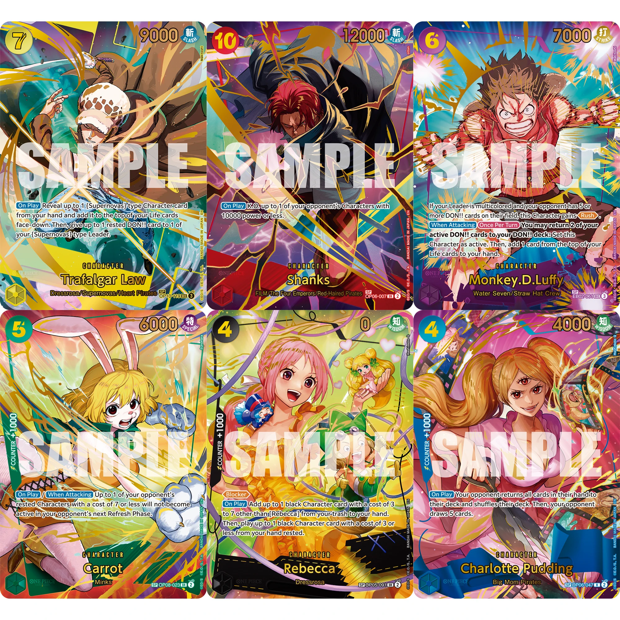 6Pcs/set Diy One Piece English Luffy Shanks Rebecca Pudding Carrot Flash Card OPCG Self Made Classic Anime Collection Card view 2