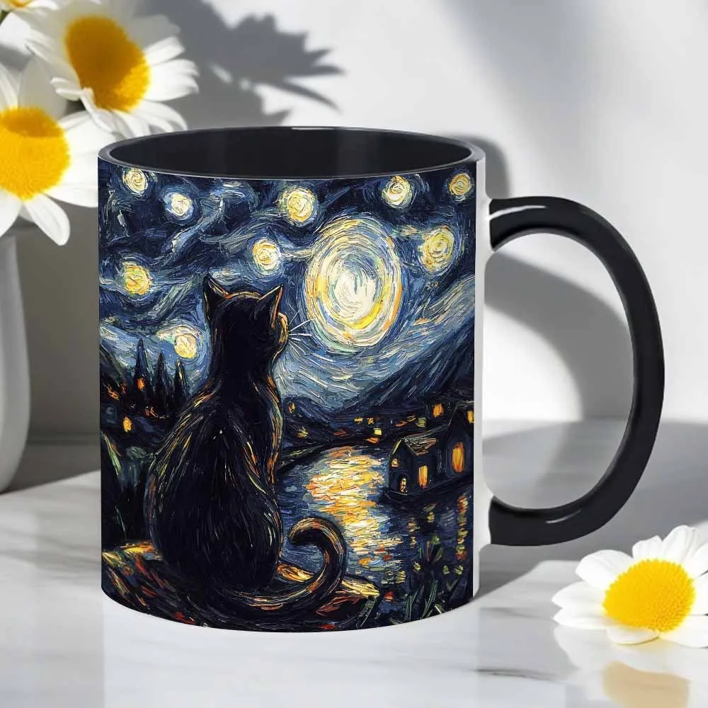 Van Gogh Starry Night Ceramic Mug 1pc Black Cat Rim Pattern Office Gift Couple Present