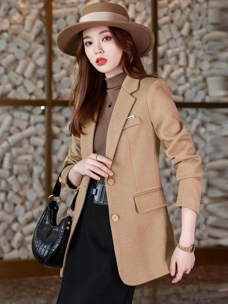 Woman Fashion Casual Vintage Solid Color Chic Elegant Classic Single Breasted Temperament Simple Woolen Blazer Tops Coat Korean