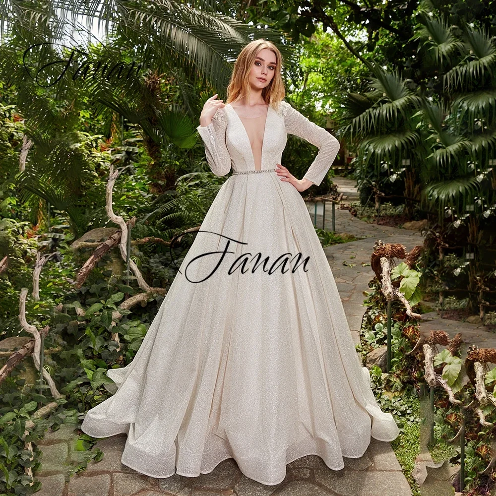 Gaun Pengantin V-Neck Dalam Berkilauan Lengan Panjang A-Line Backless Panjang Selantai Gaun Pengantin Sederhana Robe De Soirée De Mariage