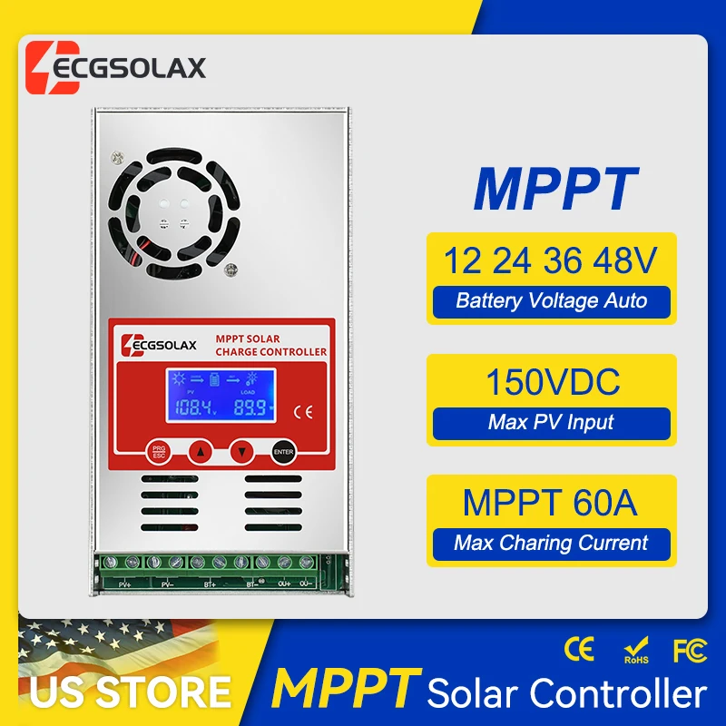 ECGSOLAX 60A MPPT Solar Charge Controller Battery Charging Controller 12V 24V 36V 48V Auto Max PV 150VDC 60A Solar Controller
