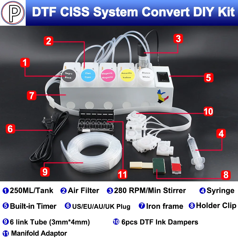 ET8550 250ML DTF CISS Ink System With Printhead Adaptor Manifold Damper Tank Stirrer Timer For Epson L18050 L8050 18100 XP600