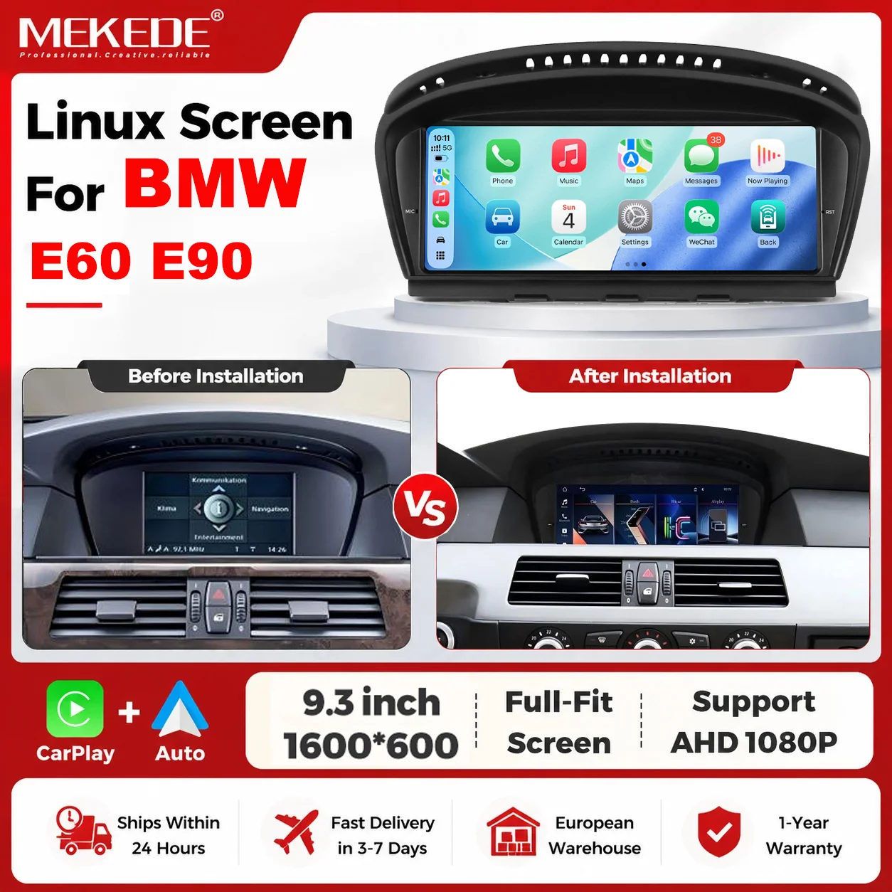 Autoradio MEKEDE EU Warehouse 9,3 pouces 1600*600 avec écran Linux, compatible avec BMW Série 3 E90 E91 E92 E93 Série 5 E60 E61 E62 E63 CCC CIC, CarPlay sans fil, Android Auto, AHD 1080P, navigation GPS, RDS, FM, Bluetooth, unité centrale multimédia pour voiture.
