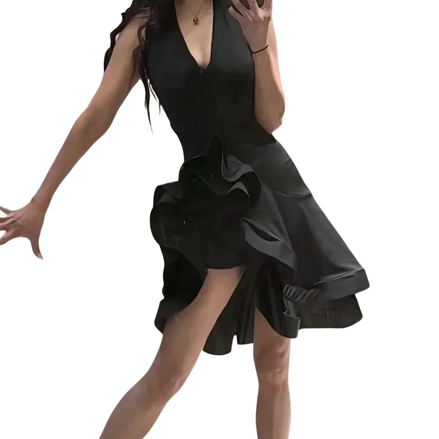 

Women's Halter V-Neck Latin Dance Dress Open Back Ruffle Hem Professional Salsa Rumba Practice & Performance Wear