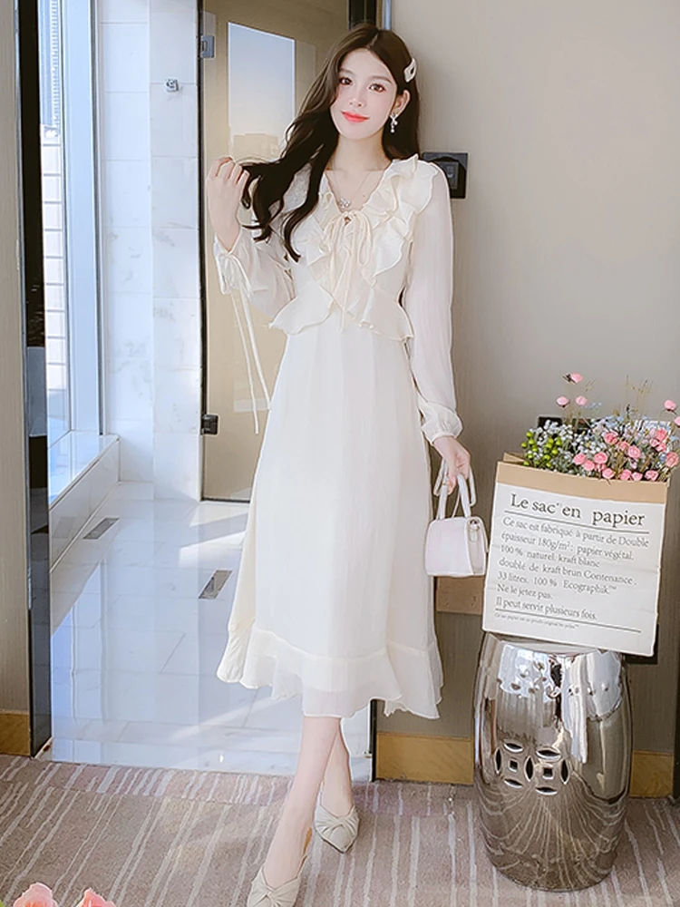 2024 Women V-Neck Patchwork Flounce Lace-Up Chiffon Dress Autumn Winter French Gentle Temperament Design Sense Mid Length Skirt