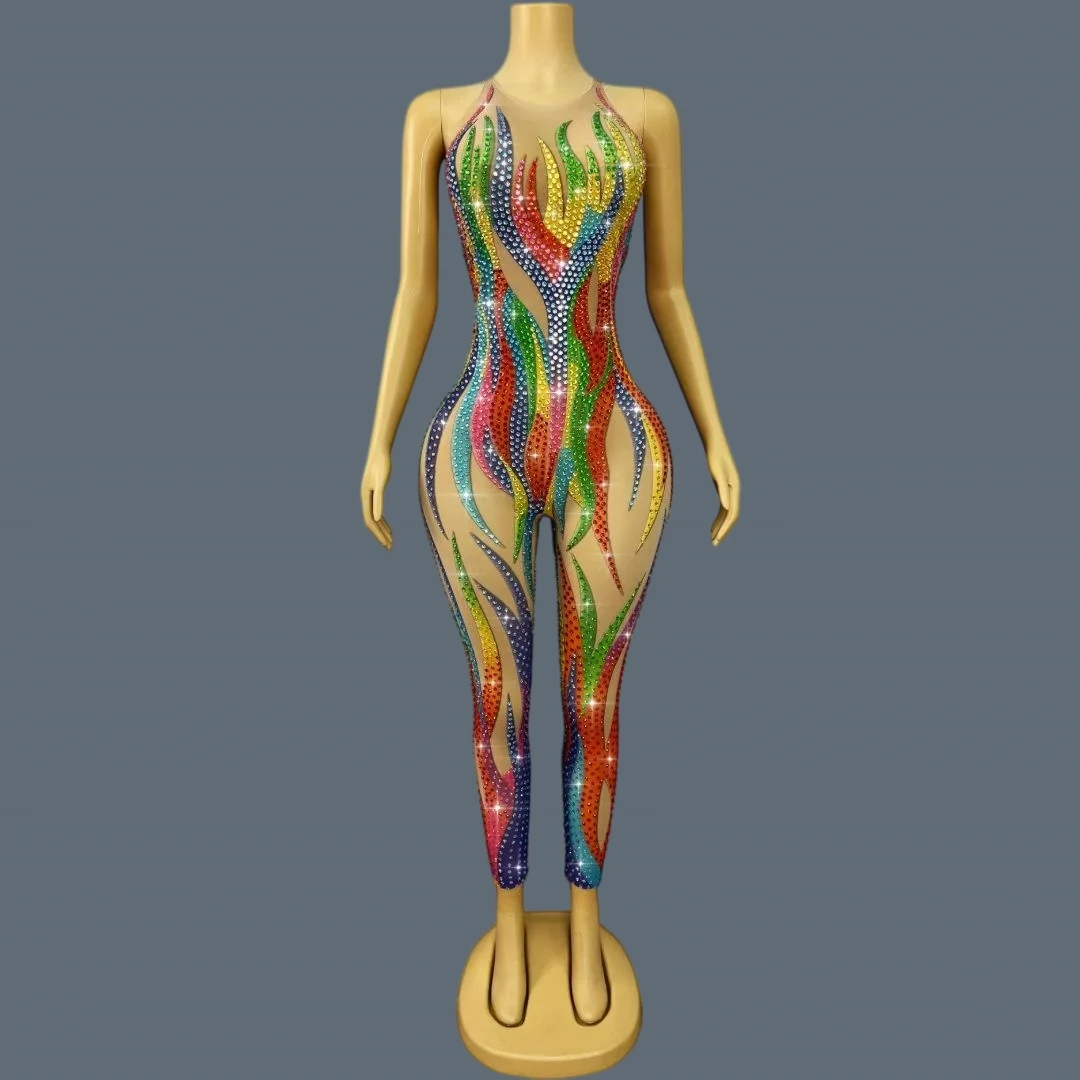 Sparkly Multicolour Rhinestone Sleeveless Tight Fitting Jumpsuit Dance Stage Performance Wear Club Party Outfit Qibaocaiguang