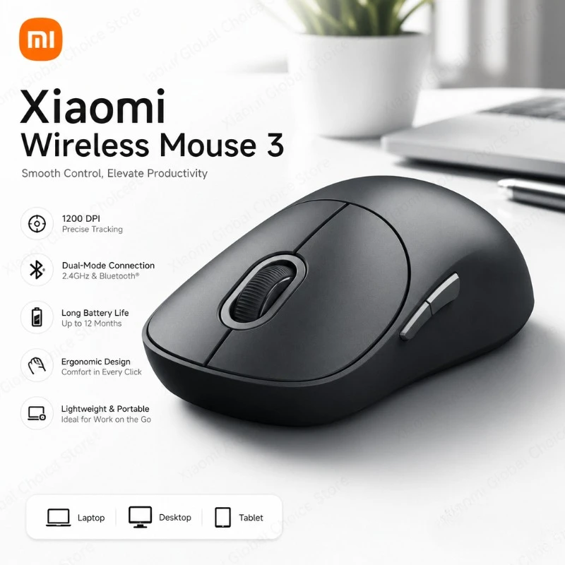 

Xiaomi Wireless Mouse 3 Bluetooth Mouse Dual Mode 2.4GHz Game Mouse 1200DPI Ergonomic Optical Laptop Computer Soft-tone Keying