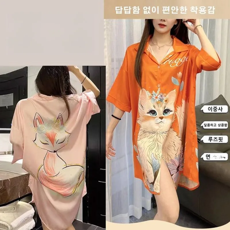 Thin Half French Night Shirt Half-sleeved Big-size silk one-piece pajamas Ultra-light/body-close/two-way thermoonly fixation/Anti-mildew/Antibacterial