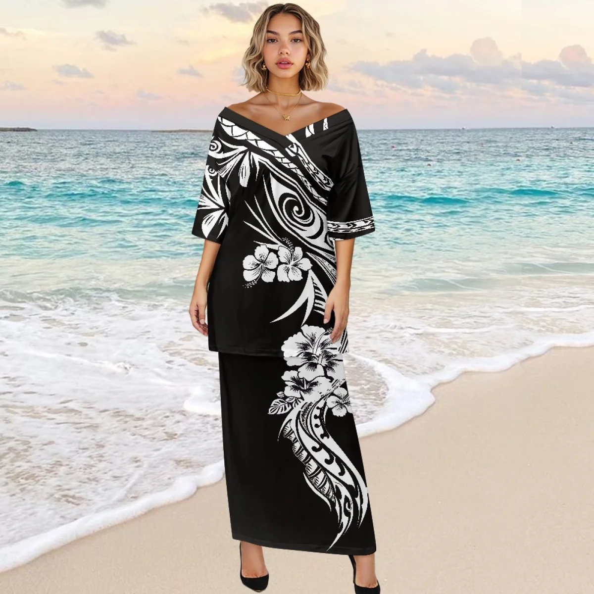 

V Neck Off Shoulder Half Sleeve Samoan Puletasi Polynesian Tribal Black And White Party Dress Set Pacific Island Dresses Set