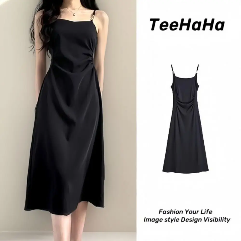 Elegant French Style Spaghetti Dress Black Mid-Length Long Bodycon Dress Summer Style Slim-fit Camisole Dress