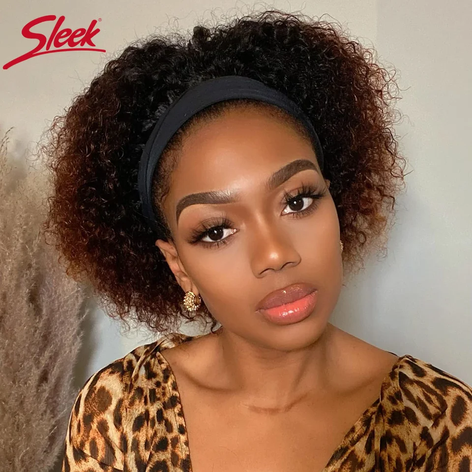 Headband Wig Human Hair Curly Wigs Brown Wear And Go Headband Wigs Glueless Wig With Elastic Band Pixie Cut Curly Human Wigs