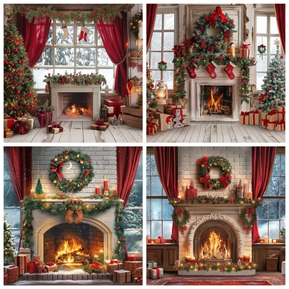 

Christmas brick wall windows, red curtains, flower garlands banner background Christmas party, home photography props background