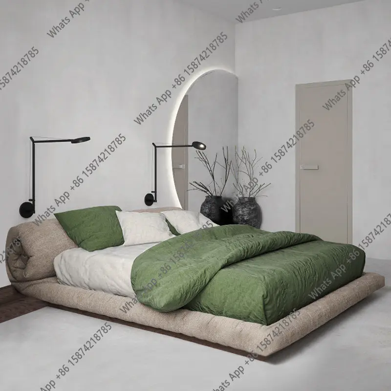 

Nordic fabric bed light luxury wabi wind bedroom bed modern simple master bedroom double Japanese floor-to-ceiling bed