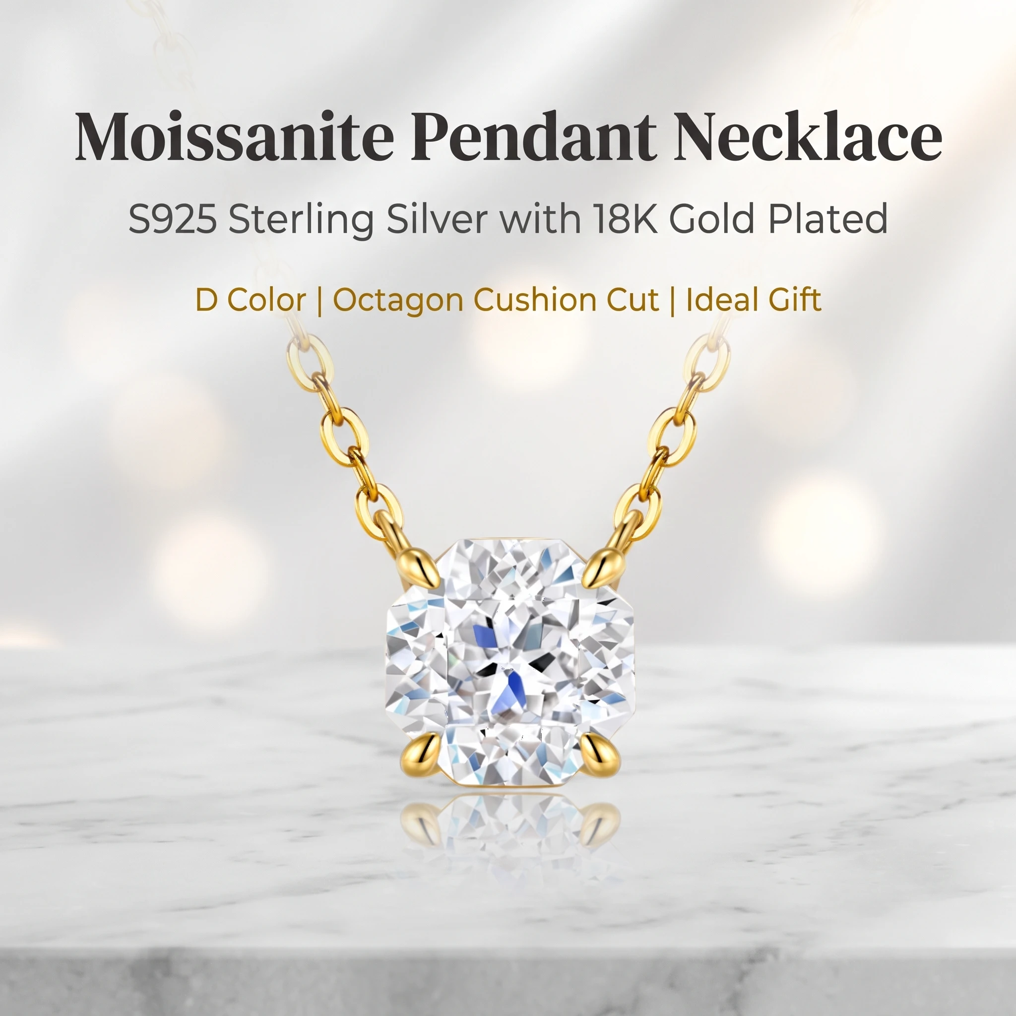D‑Color Octagonal Cushion Moissanite Necklace, S925 Sterling Silver Gold‑Plated Solitaire Pendant, Fashion Jewelry Gift