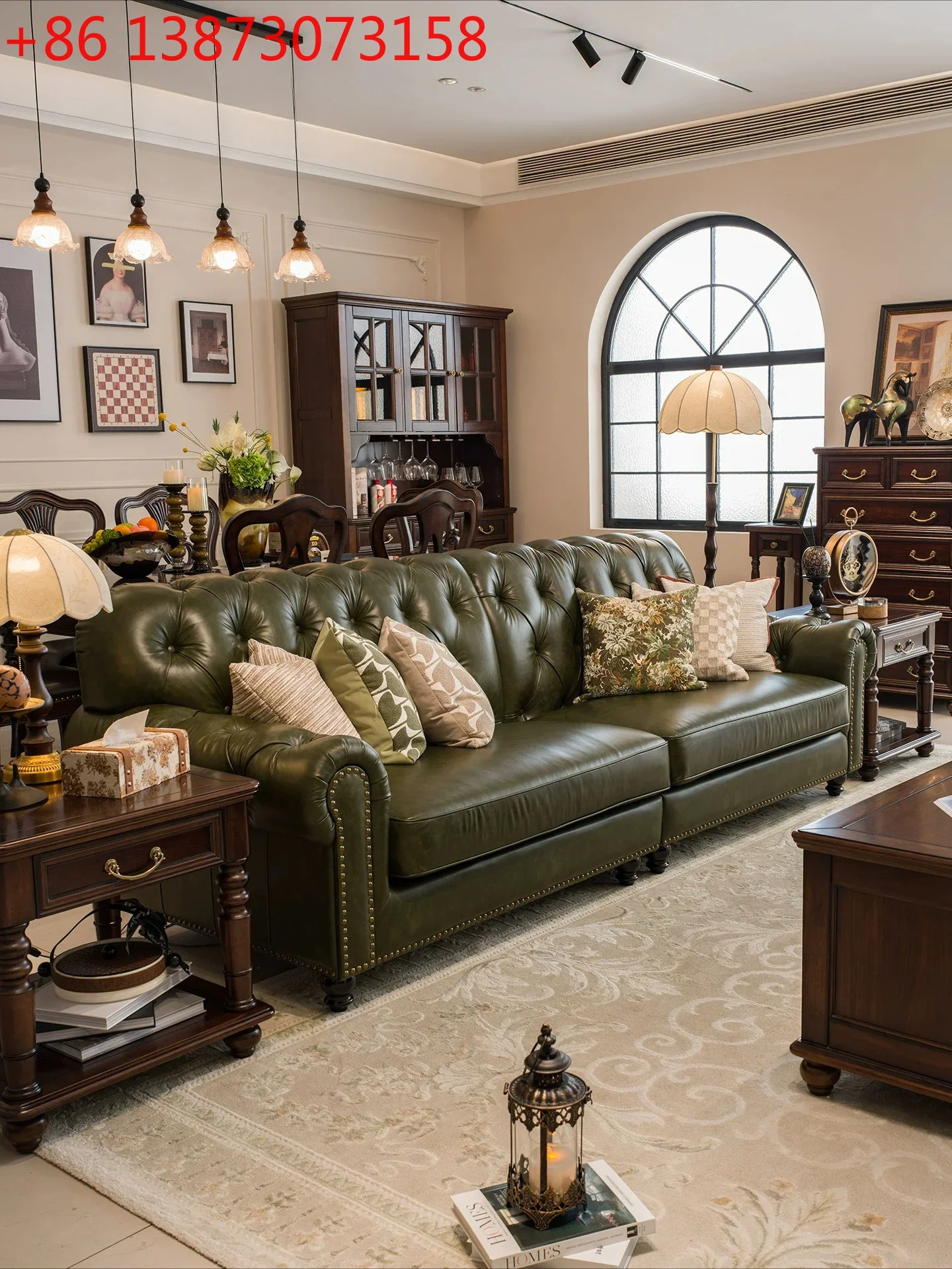 

American retro living room leather sofa oil wax leather French medieval retro sofa
