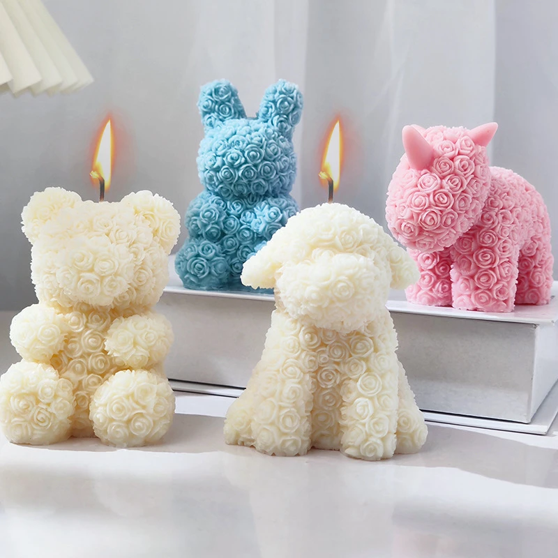 

Rose Bear Silicone Candle Mold Flower Rabbit Soap Resin Plaster Making Set Animal Chocolate Mold Home Decor Valentine's Day Gift