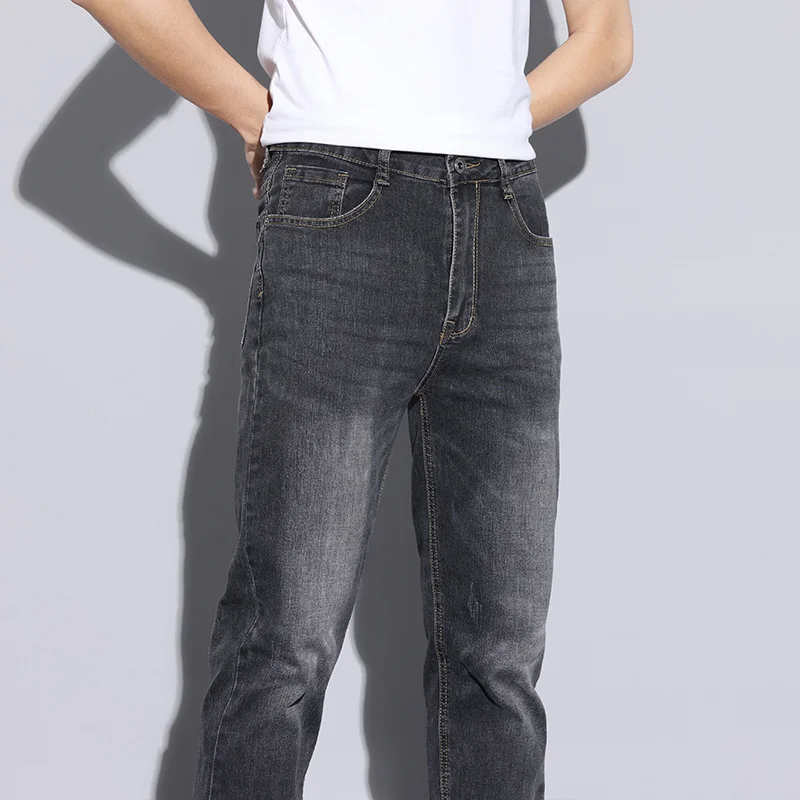 ฤดูใบไม้ร่วงผู้ชาย Vintage Nostalgic Casual กางเกงยีนส์สีฟ้าสีเทาแฟชั่นยืดตรงสบายกางเกงยีนส์แบรนด์เสื้อผ้าชาย
