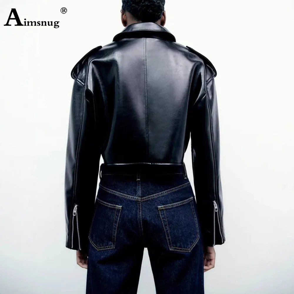 Women Faux Pu Leather Jackets 2025 New Fashion Zipper Crop Top Outerwear Sexy Notched Disco Dance Coats Solid Motorcycle Jacket