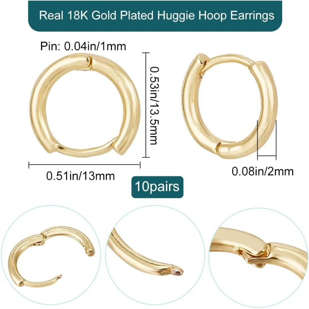 20Pcs Huggie Hoop Earring 18K Gold Plated Cartilage Helix Lobes Hinged Sleeper Earrings 9mm for Sensitive Ears