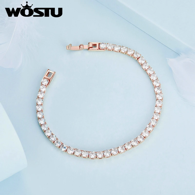 WOSTU Tennis Chain Bracelet For Women Fashion Cubic Zircon Crystal Silver Gold Rose Gold Color Wedding Party Jewelry Accessories