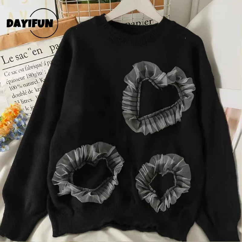 DAYIFUN-Women's Ruffles Lace Sweaters Loose Knitted Pullovers Chic Jumpers Korean Style Tops Cute Lovely Autumn New 2023 Sweater