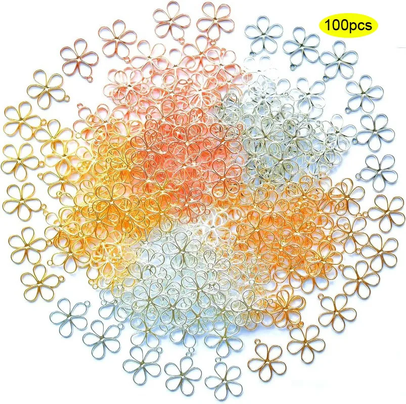 100PCS Open Back Bezel Flower Pendants Alloy Hollow Frame Petal Blossom Charms For DIY  Necklace Earring Bracelet Jewelry Making