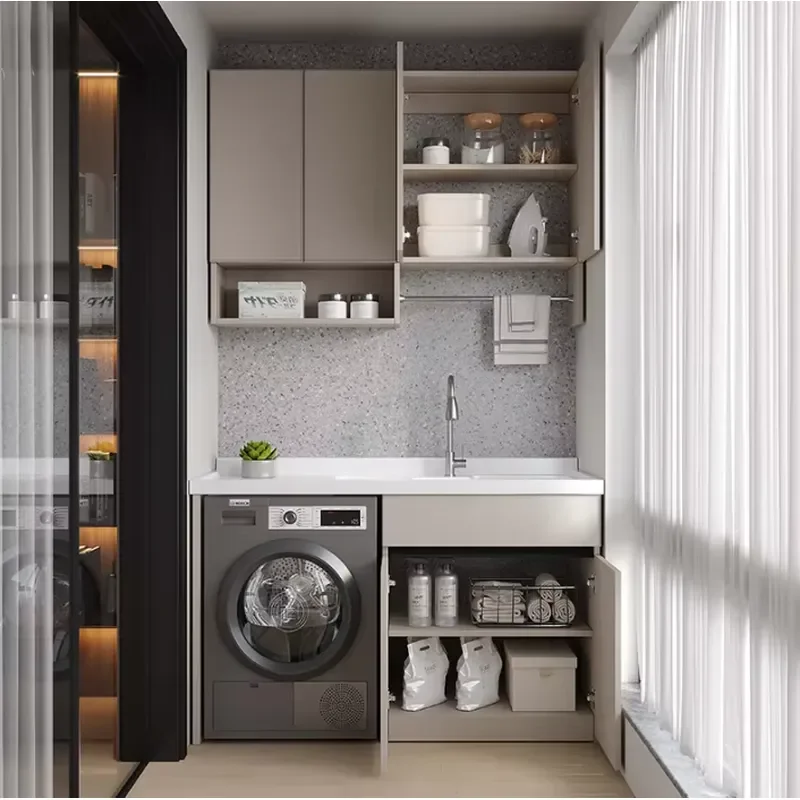 Thick Space Aluminum Balcony Cabinet with Washing Machine Cabinet with Scrub Board Quartz Countertop