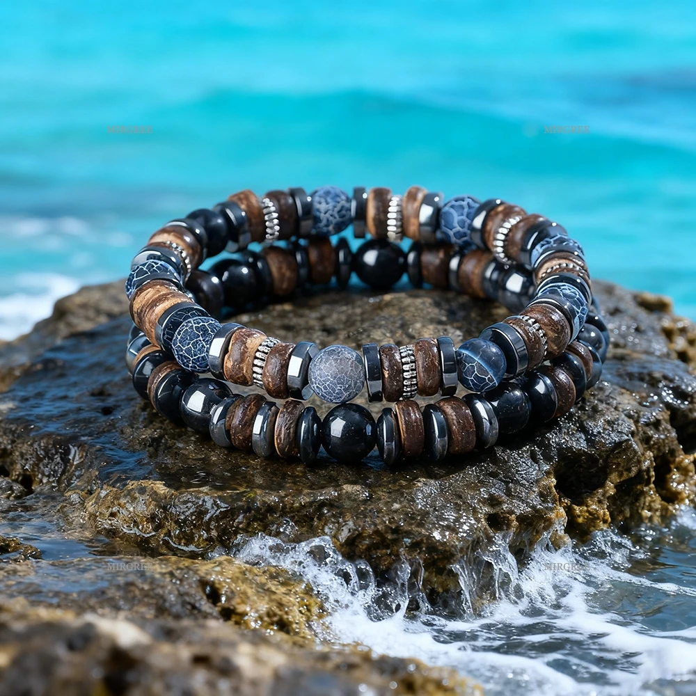 2pc Men's Natural Stone Bead Bracelet Set, Handmade Retro Style