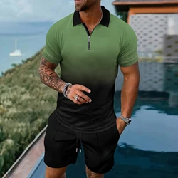 2024 Sommer neue 3D-Druck Farbverlauf Farbe Herren Polos hirt Kurzarm Shorts lässig Revers Set Sommer Mode 2 Stück Set