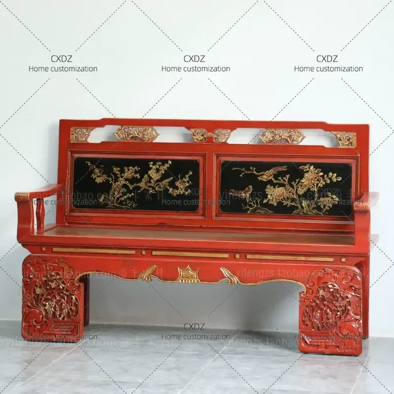Ming Qing Style Solid Wood Double Sofa Set New Chinese Antique Rattan Seat Quaint Armrest Backrest Leisure Bench Living Room