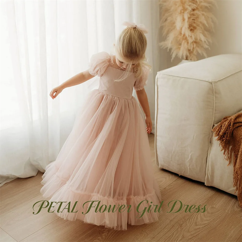 Petal Peach Pink Flower Girl Dress Square Neck Kids Birthday Party Dress Puffed Sleeve Fairy Children Birthday Wedding Dresses