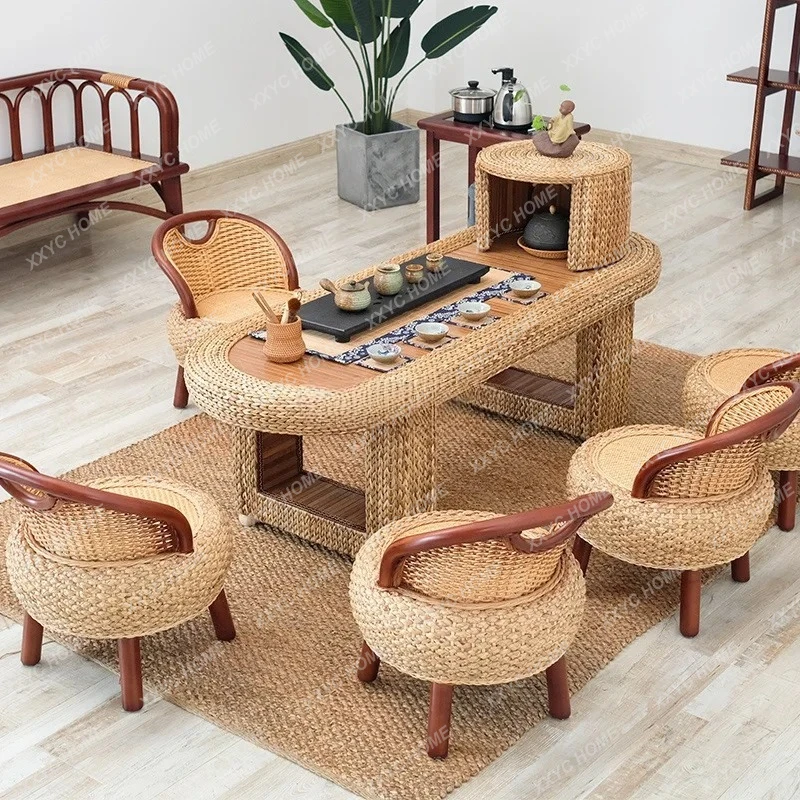 

L balcony tea table and chair combination household, simple office solid wood, small coffee table