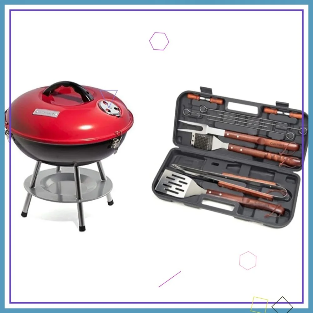 

Portable Charcoal BBQ Grill 14 Inch with 13-Piece Wooden Handle Tool Set, Compact for Outdoor Cooking