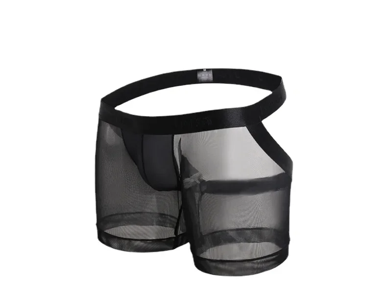 เร้าอารมณ์เปิด Crotch ผู้ชาย Boxy ชุดชั้นในตาข่ายนักมวยกางเกงขาสั้นกางเกงผ้าไหมน้ําแข็งเกย์เซ็กซี่กลางเอว U กระเป๋านูนกางเกงว่ายน้ํา