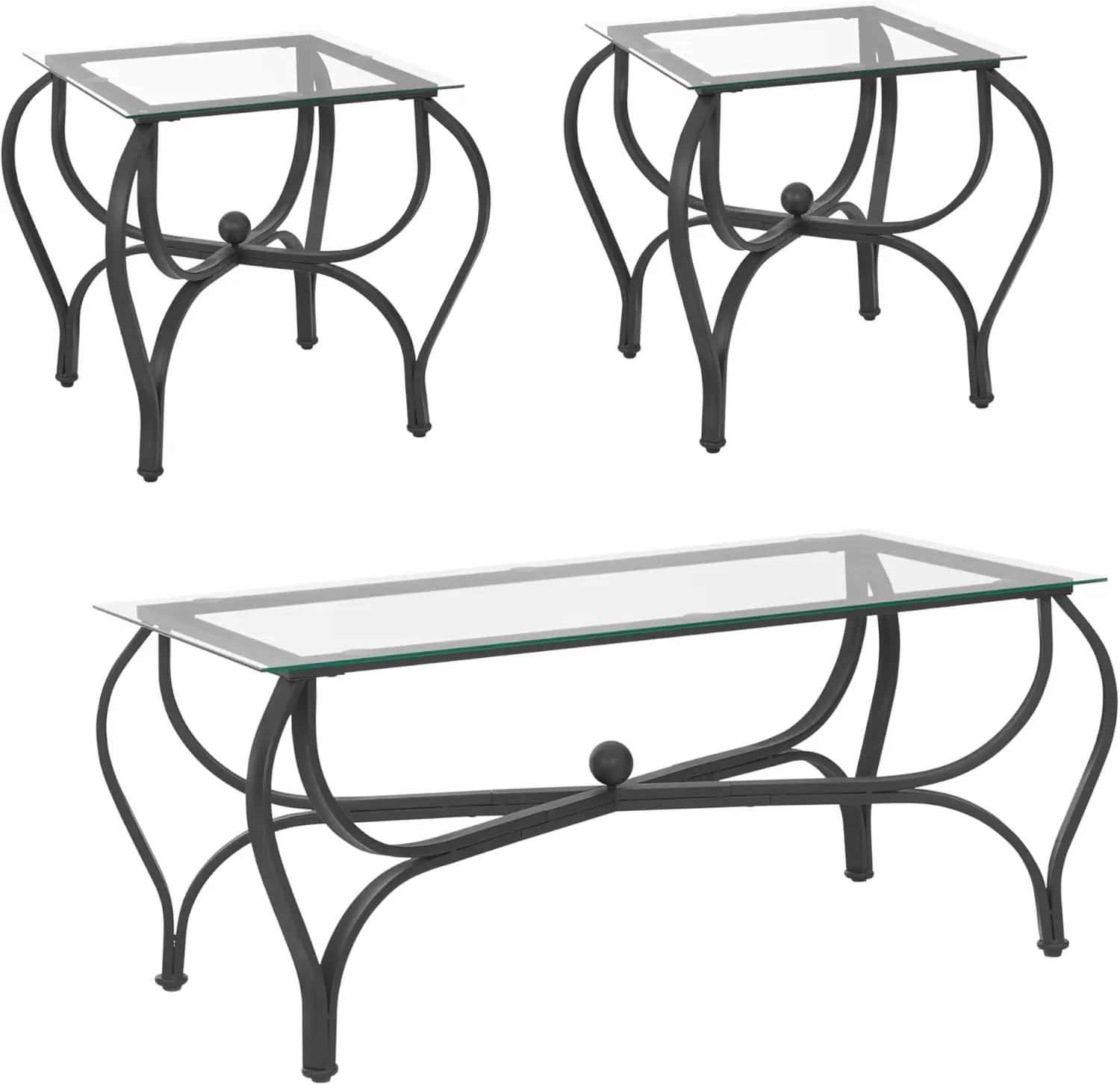 

3-Piece Industrial Black Metal & Glass Coffee Table Set - 1 Coffee Table + 2 Square Side Tables,