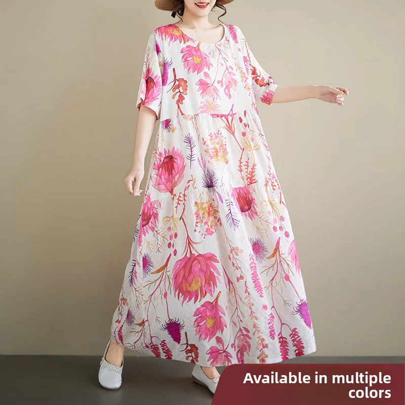 

Pink Floral Print Bohemian Casual Vacation Retro round Neck Short Sleeve Loose A-Line Dress City Walk Cotton Blend Summer Dress
