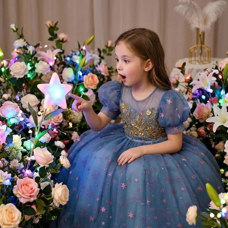 

2026 New Bubble Sleeve Sequined Formal Dress Wedding Party Photo Netted Princess Dress Middle To Large Size Girl Dress