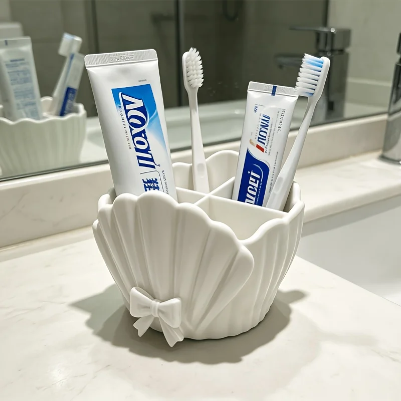 Bowknot Lace Shell-Shaped Four-Compartment Toothbrush Holder Bathroom Vanity Organizer with Compartments for Toothpaste and Make