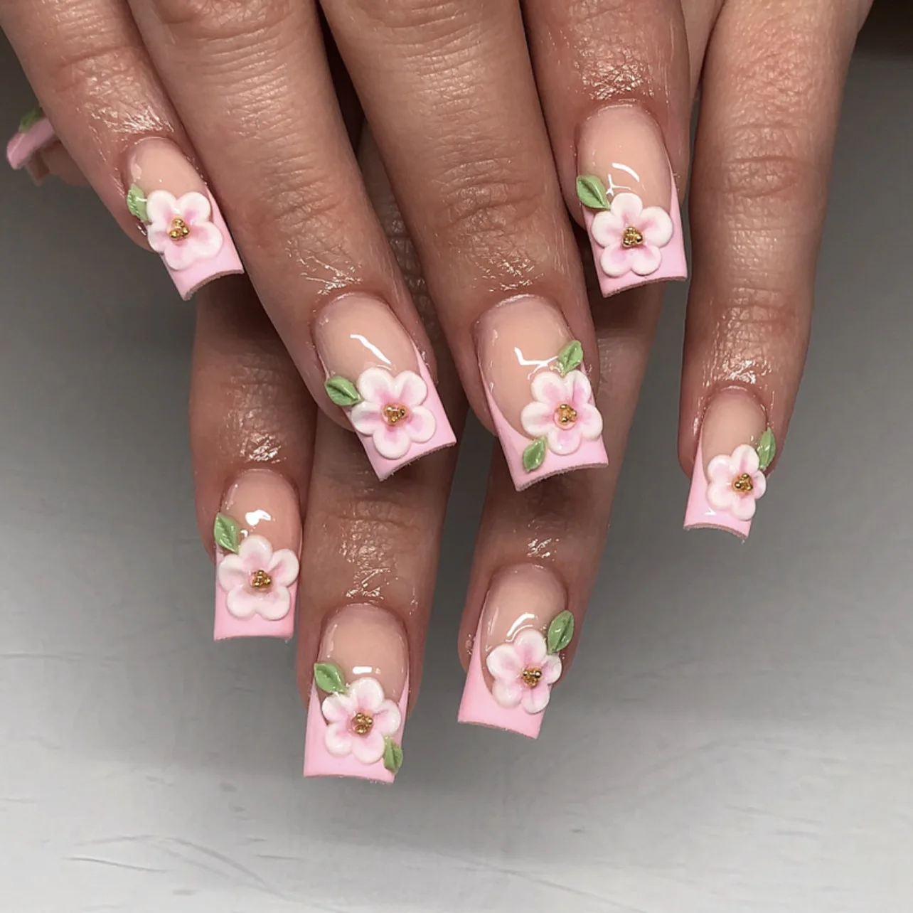 

24Pcs Long Square Press on Nails - 3D Green Grass with Pink Flowers and Pink Border | Spring Garden Style