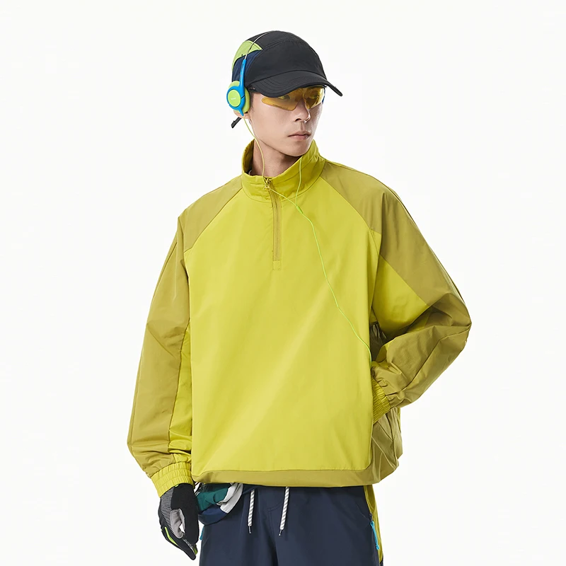 Unisex Raglan Sleeve Color‑blocked Jacket Loose Stand Collar Windproof Waterproof Outdoor Coat Streetwear Hiking Outerwear