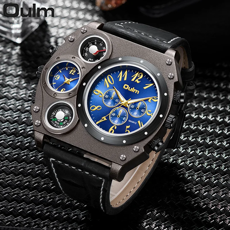 Oulm Original Men\'s Watch Two Time Zone Large Dial Big Size Decorative Compass Quartz Wrist watch Male Military Sports Watches