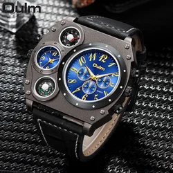 Oulm Original Men's Watch Two Time Zone Large Dial Big Size Decorative Compass Quartz Wrist watch Male Military Sports Watches